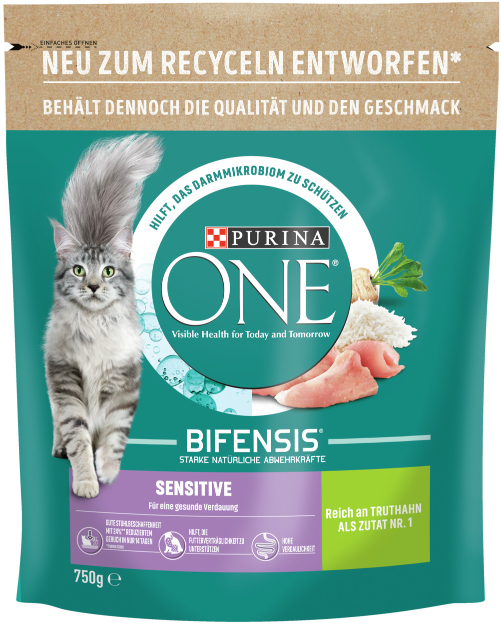 Das Bild zeigt eine Verpackung des Katzenfutters „Purina ONE Bifensis Sensitive“ in der Geschmacksrichtung Truthahn. Es ist speziell für Katzen mit empfindlicher Verdauung entwickelt und unterstützt eine gesunde Darmflora. Die Verpackung enthält 750 g und