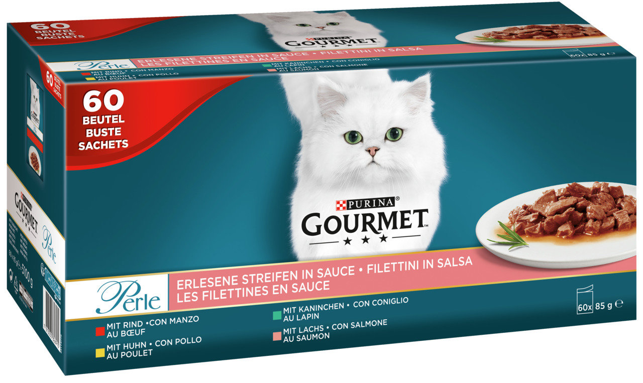 Purina GOURMET Perle Erlesene Streifen in Sauce, Katzenfutter, Rind-Huhn-Kaninchen-Lachs, 60x85g, weiße Katze auf Verpackung.