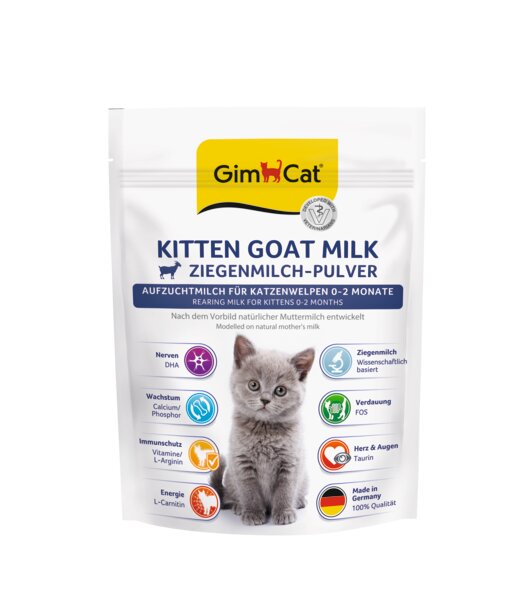 GimCat Kitten Goat Milk Ziegenmilch-Pulver, Aufzuchtmilch für Katzenwelpen (0-2 Monate), DHA, Calcium, Taurin, 200g, hergestellt in Deutschland.