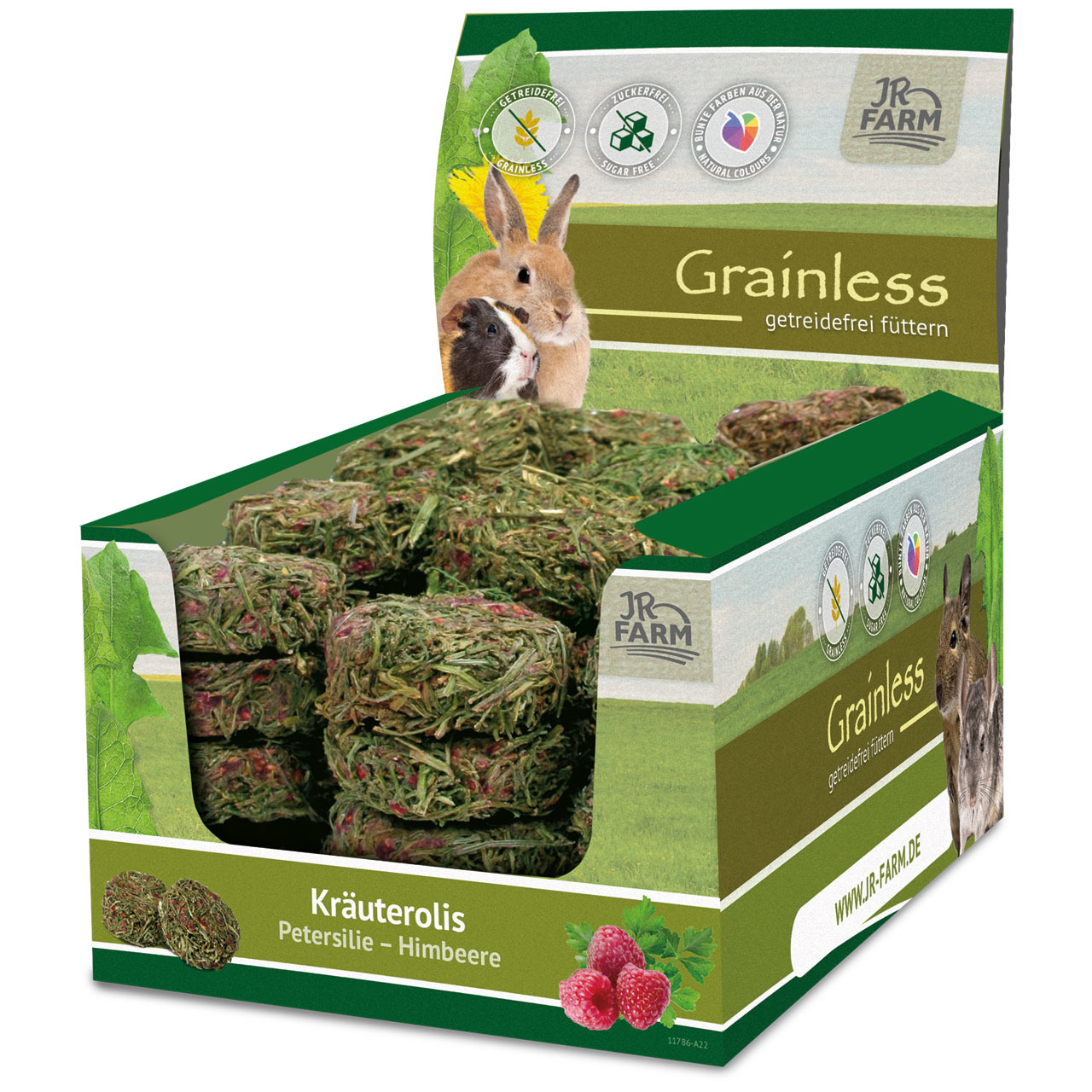 JR FARM Grainless Kräuterolis Petersilie-Himbeere, für Kaninchen-Nager, zuckerfrei, ohne künstl. Farb--Aromastoffe, grüne Rollen, Himbeer.