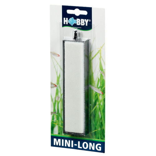 Hobby Mini-Long: Luftausströmer für Aquarienbesitzer, länglich, weiß, in transparenter Verpackung mit grünem Hintergrund & Fischmotiven.