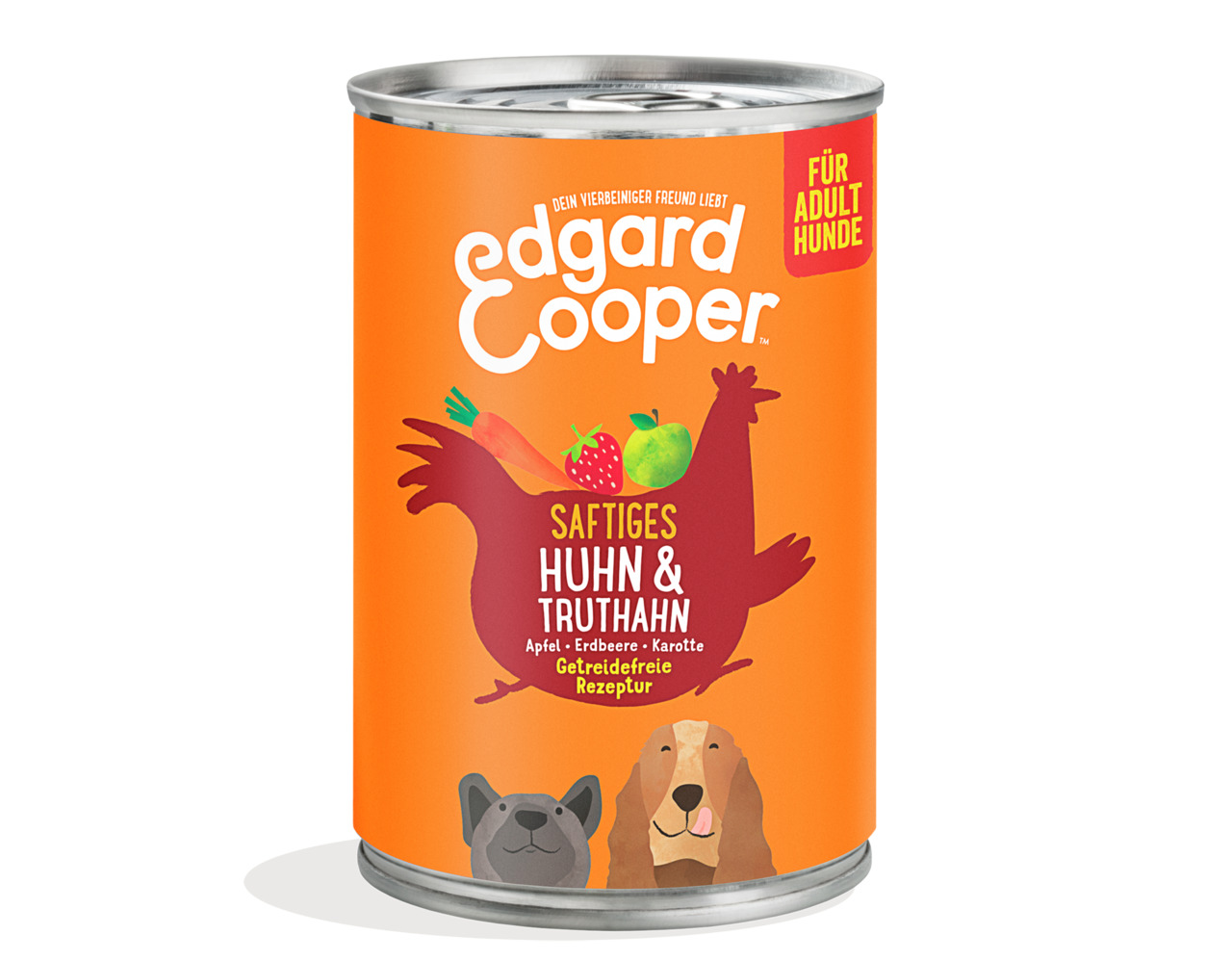 Edgard & Cooper Saftiges Huhn & Truthahn, für ausgewachsene Hunde, Huhn-Truthahn-Apfel-Erdbeere-Karotte, getreidefrei.