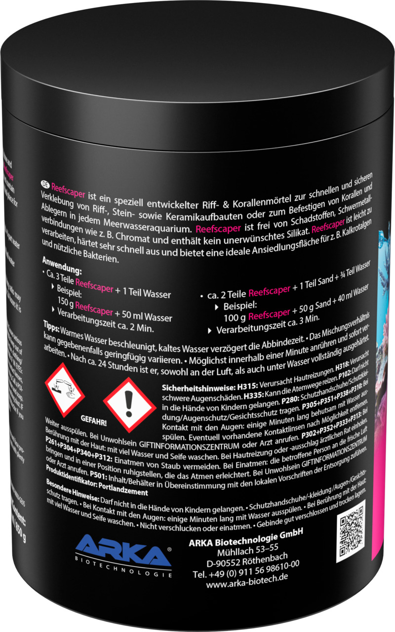 Das Bild zeigt eine schwarze Dose des Produkts "Reefscaper" von der Marke ARKA Biotechnologie. Es handelt sich um einen Riff- und Korallenmörtel, der speziell für Meerwasseraquarien entwickelt wurde. Die Verpackung enthält detaillierte Anweisungen zur Anw