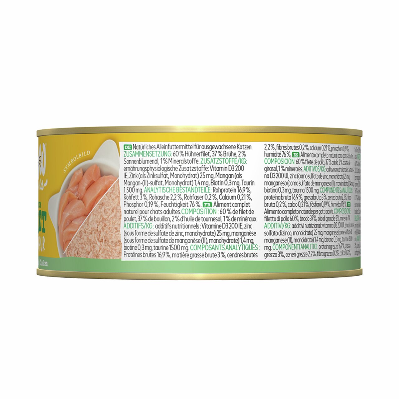 WOW CAT Katzenfutter Huhn, Alleinfutter für erw. Katzen, 85 g, 60 % Hühnerfilet, natürliche Zusammensetzung, gelb-grüne Verpackung.
