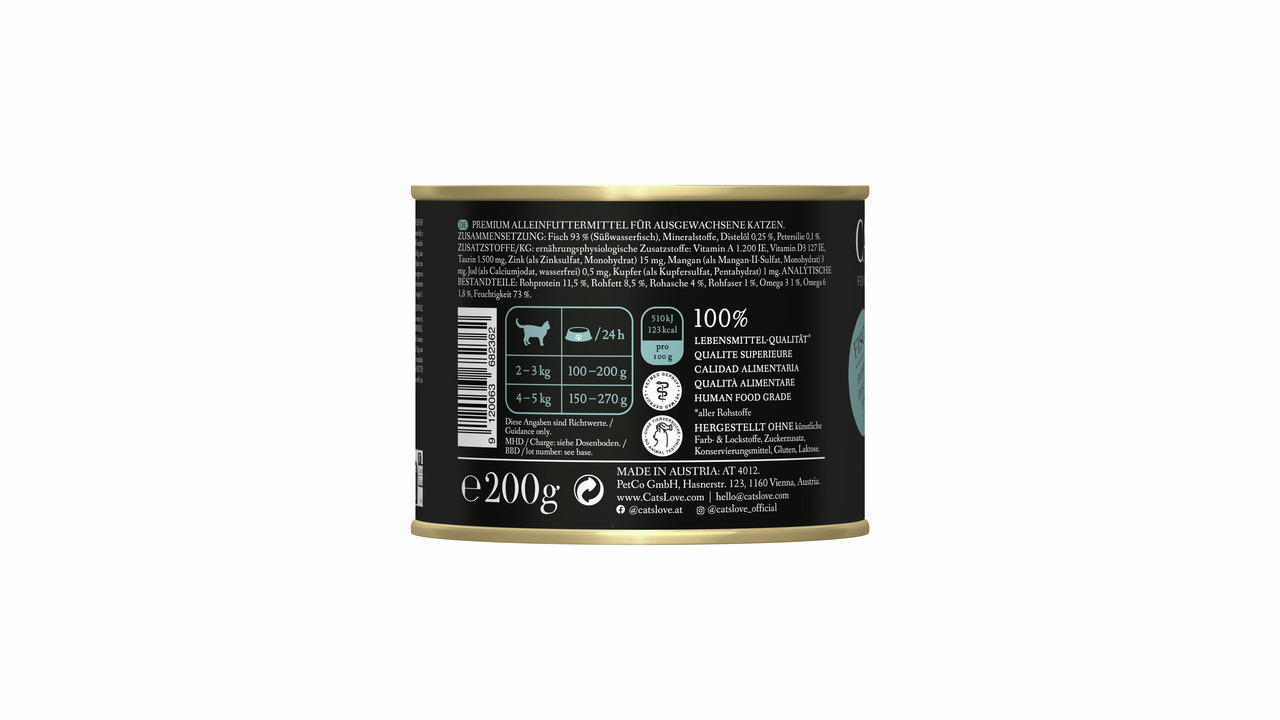 Das Bild zeigt eine 200g-Dose des Premium-Katzenfutters „Cat's Love“ für ausgewachsene Katzen. Die Geschmacksrichtung ist Fisch, und das Produkt wird als Alleinfuttermittel in Lebensmittelqualität beworben. Es enthält keine Zusatzstoffe, Gluten oder Lakto