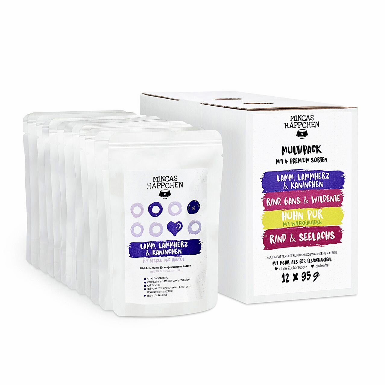 Mincas Häppchen Multipack: Premium-Nassfutter f. Katzen, 12x95g, Sorten Lamm, Rind, Gans, Huhn, Seelachs, ohne Zuckerzusatz.