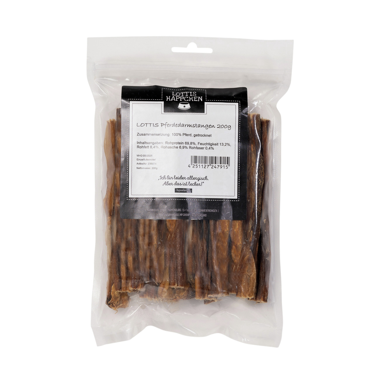 LOTTIS HÄPPCHEN Pferdedarmstangen 200g für Hunde, 100 % Pferd, getrocknet, natürliche Zusammensetzung.