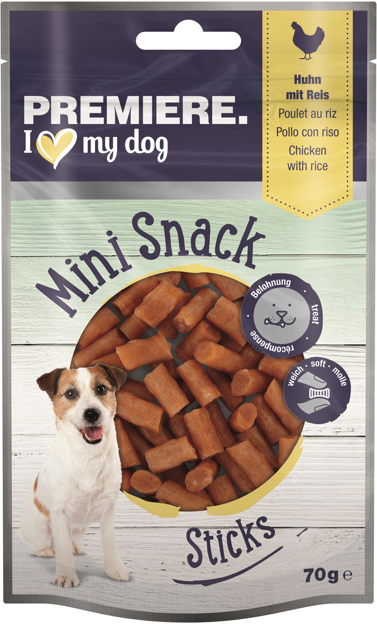 Das Bild zeigt eine Verpackung des Produkts „PREMIERE I love my dog Mini Snack Sticks“ mit Huhn und Reis. Die Zielgruppe sind Hunde. Die Verpackung enthält 70 g weiche, leicht kaubare Sticks, die als Belohnung geeignet sind. Die Geschmacksrichtung ist Huh