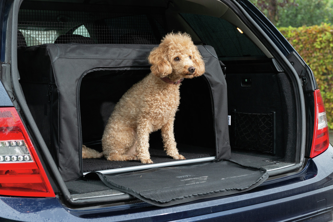 AniOne Transportbox f. Hunde, schwarz, sicher u. komfortabel, Zielgr.: Hundebesitzer, im Kofferraum nutzbar.