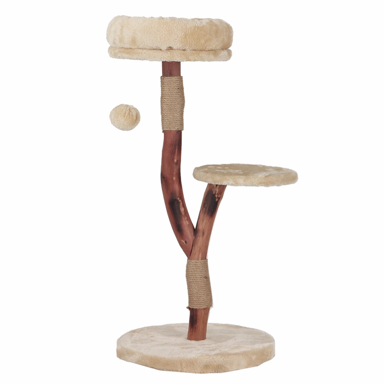 Kratzbaum von duvoplus für Katzen, beige, mit Plüsch überzogen, enthält Kratzfläche, Sitzplatz und Spielball.