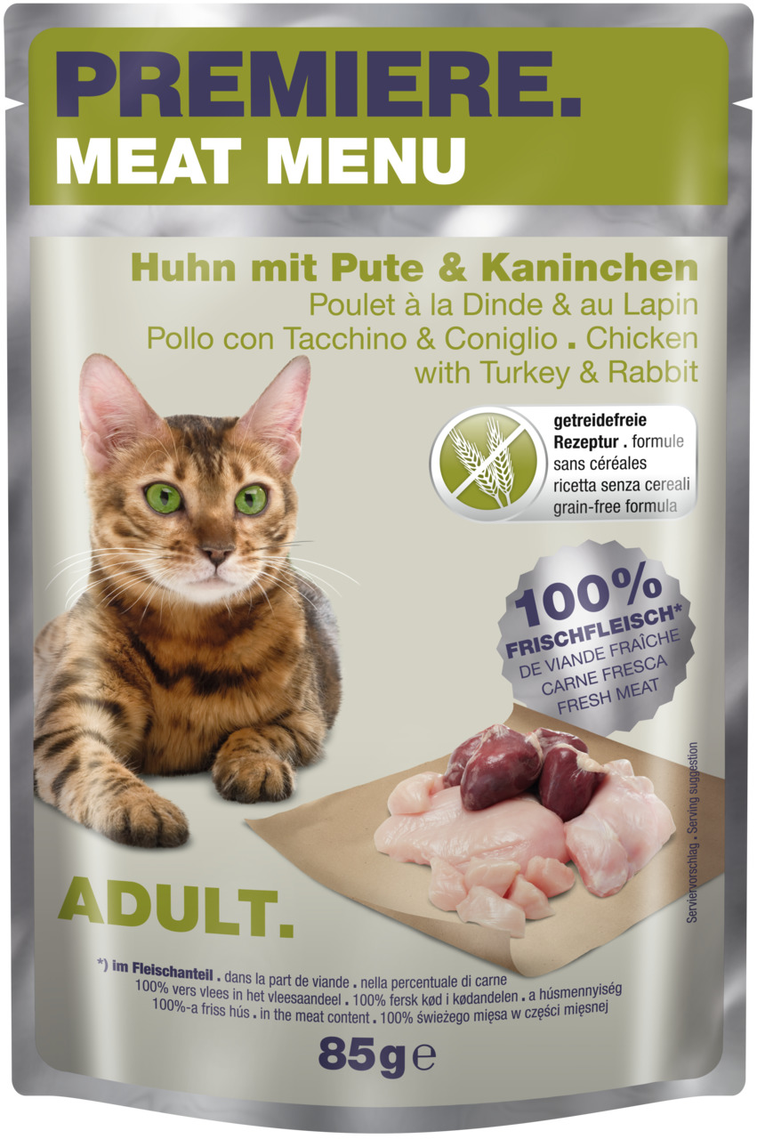 PREMIERE Meat Menu, Adult Katzen, Huhn/Pute/Kaninchen, getreidefrei, 100 % Frischfleisch, 85 g.