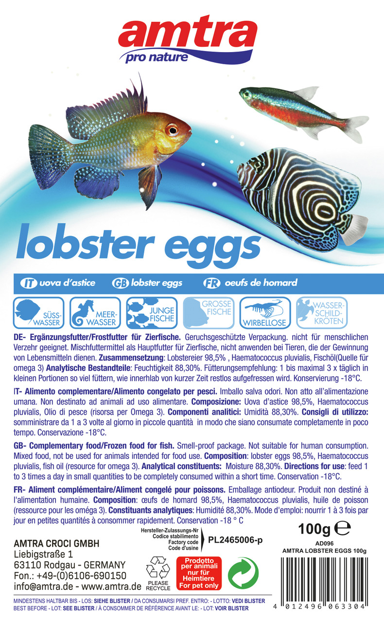 amtra pro nature Lobster Eggs, Ergänzungsfutter f. Süß-/Meerwasserfische, Lobstereier (98,5 %), einfache Fütterung, 100 g.