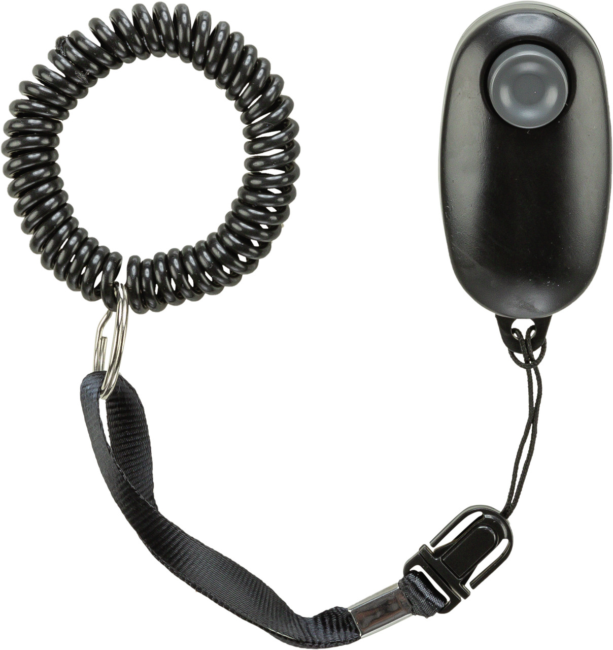 Das Bild zeigt den TRIXIE Clicker mit Spiralschlaufe, ein Trainingsgerät für Hunde. Der Clicker ist schwarz, ergonomisch geformt und verfügt über eine elastische Spiralschlaufe sowie ein verstellbares Handgelenkband. Ideal für positive Verstärkung beim Hu