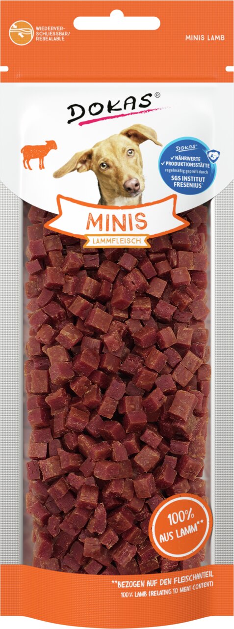 DOKAS Minis Lammfleisch, Hundesnack, Geschmack Lamm, 100 % aus Lamm, wiederverschließbar, 70 g Packung, SGS geprüft.