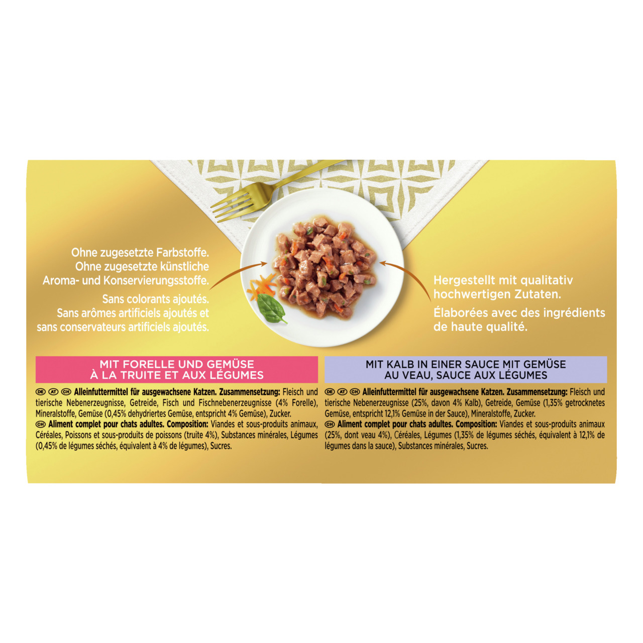 GOURMET Katzenfutter, erwachsene Katzen, Forelle+Gemüse- Kalb+Gemüse, Alleinfutter, ohne künstl. Stoffe, hochwertige Zutaten, Qualität.