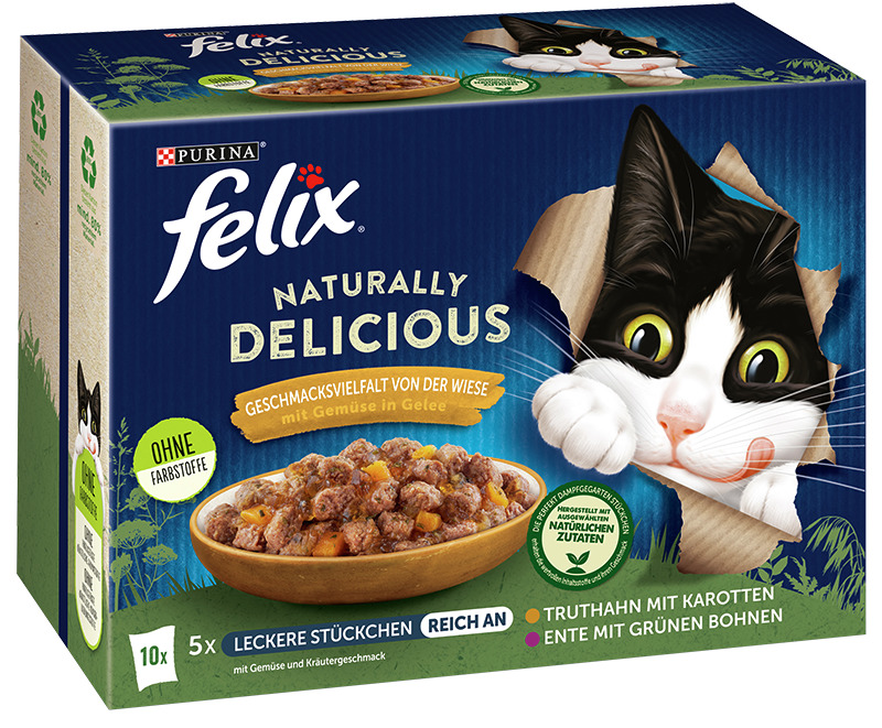 Das Bild zeigt eine Verpackung des Katzenfutters „Felix Naturally Delicious“ von Purina. Die Geschmacksrichtungen sind Truthahn mit Karotten und Ente mit grünen Bohnen, serviert in Gelee. Zielgruppe sind Katzen. Die Packung enthält 10 Portionen (5x2 Sorte