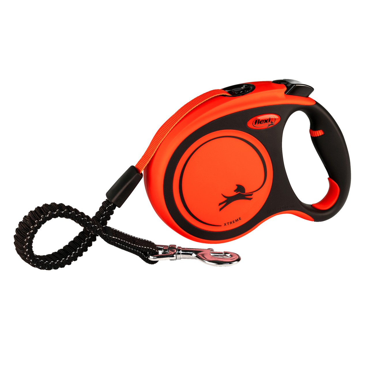 Das Bild zeigt die Flexi Xtreme Rollleine für Hunde in auffälligem Orange mit schwarzen Akzenten. Die Leine ist speziell für aktive Hunde entwickelt und bietet eine robuste Verarbeitung sowie einen ergonomischen Griff für hohen Komfort. Sie ist mit einem 