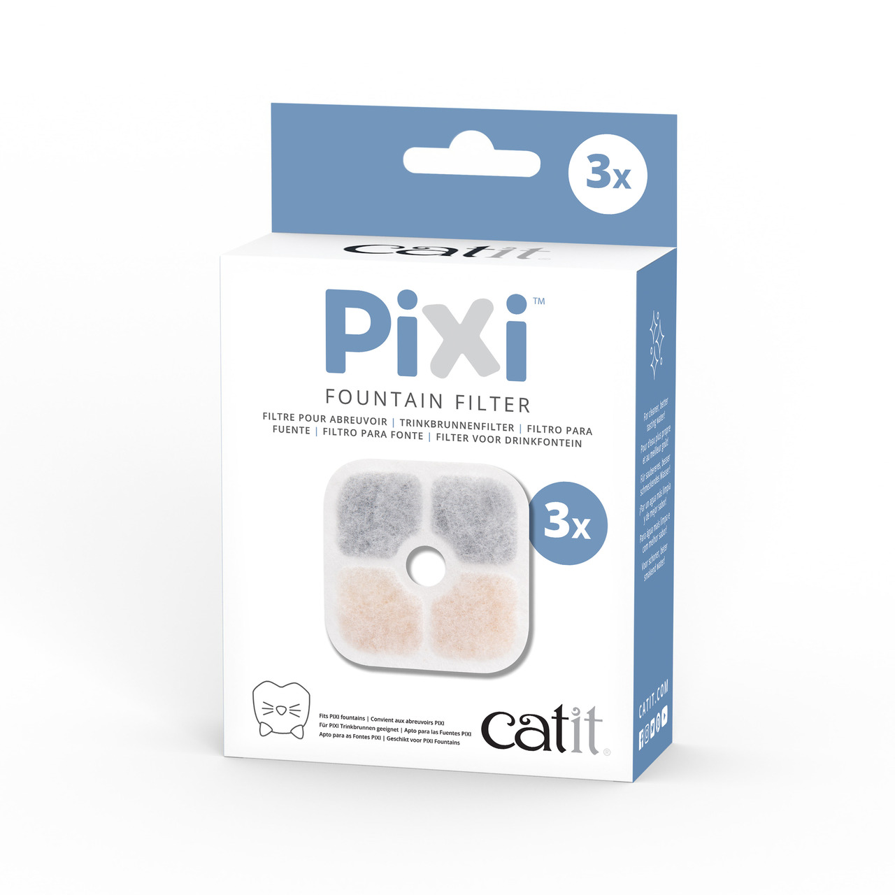 Das Bild zeigt die Verpackung des Produkts „Catit PIXI Trinkbrunnenfilter“. Es handelt sich um ein Zubehör für Katzen, das speziell für den Catit PIXI Trinkbrunnen entwickelt wurde. Die Verpackung enthält drei Ersatzfilter, die Wasser reinigen und Gerüche