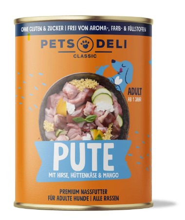 Pets Deli Classic Nassfutter, Hunde, Pute+Hirse+Hüttenkäse+Mango, ab 1 J., glutenfrei, 400 g, Premium-Qualität.