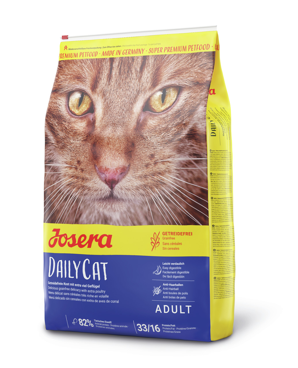 Josera DailyCat, Katzenfutter f. ausgew. Katzen, getreidefrei, Geflügel, leicht verdaulich, Haarballen-Reduktion, 10 kg.