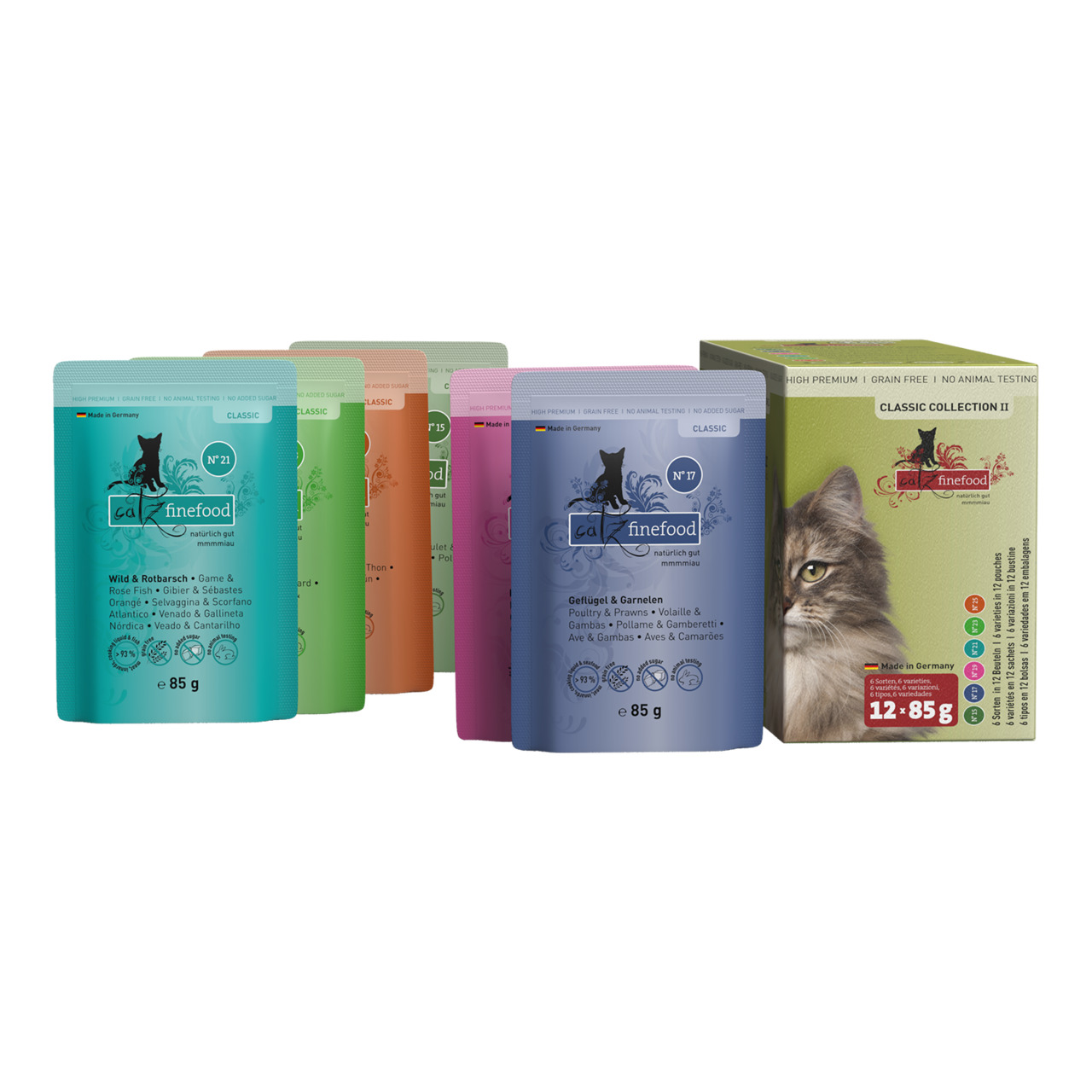 Catz finefood Classic Coll. II, Katzen, 12x85g, 6 Sorten, getreidefrei, hohe Qualität, ohne Tierversuche, Herkunft: Deutschland.