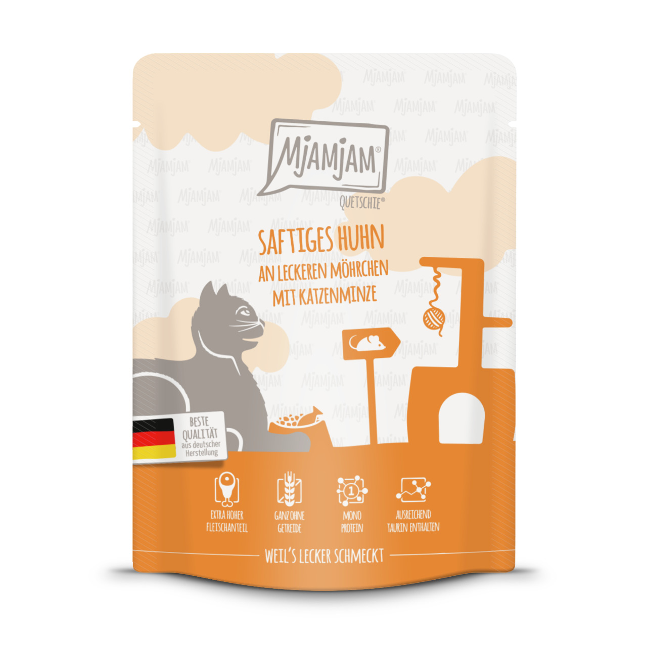 Mjamjam Saftiges Huhn an Möhrchen mit Katzenminze, für Katzen, Monoprotein Huhn, getreidefrei, Taurin, 85 g.