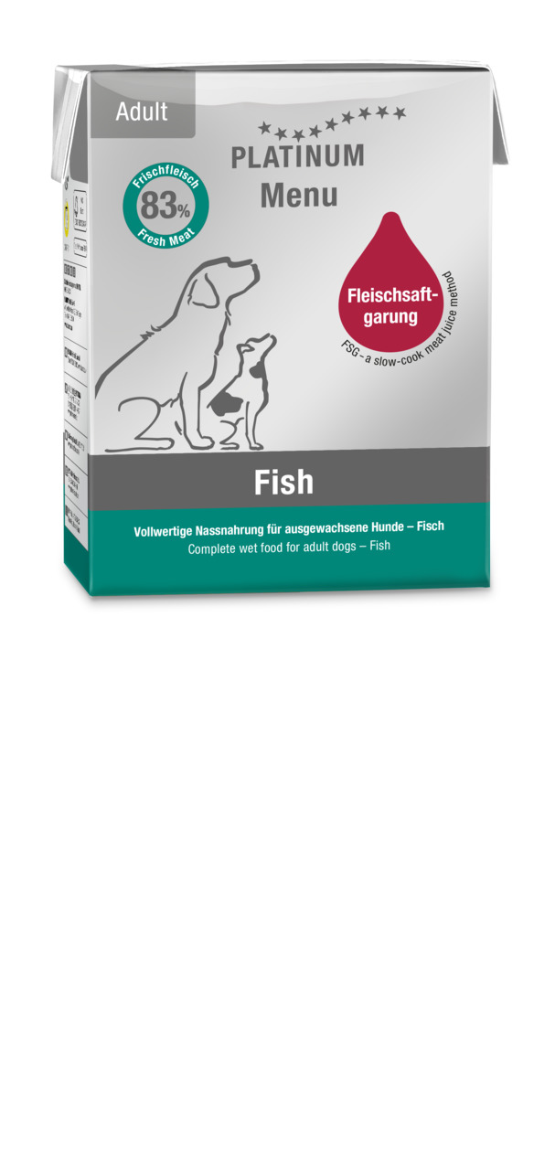 PLATINUM Menu Fish, Hundefutter f. ausgew. Hunde, Geschm.: Fisch, 83 % Frischfleisch, Fleischsaftgarung, 375 g.