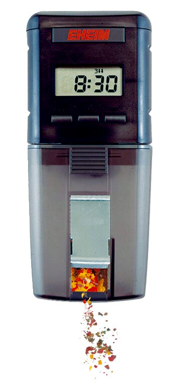 EHEIM Futterautomat, für Aquarienfische, präzise Fütterung zu programmierten Zeiten, digitale Anzeige, ideal für regelmäßige Fütterung.
