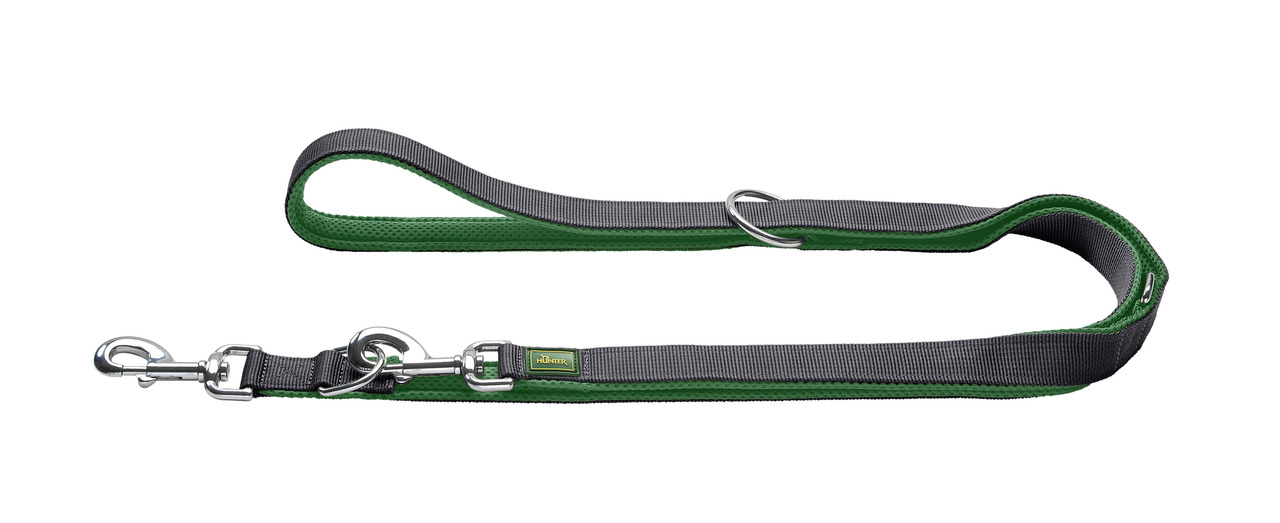 HUNTER Hundeleine "Tripoli", Nylon, gepolsterte Griffe, für alle Hunde, grün/grau, 2 Karabiner, Metallring, verstellbar, robust.