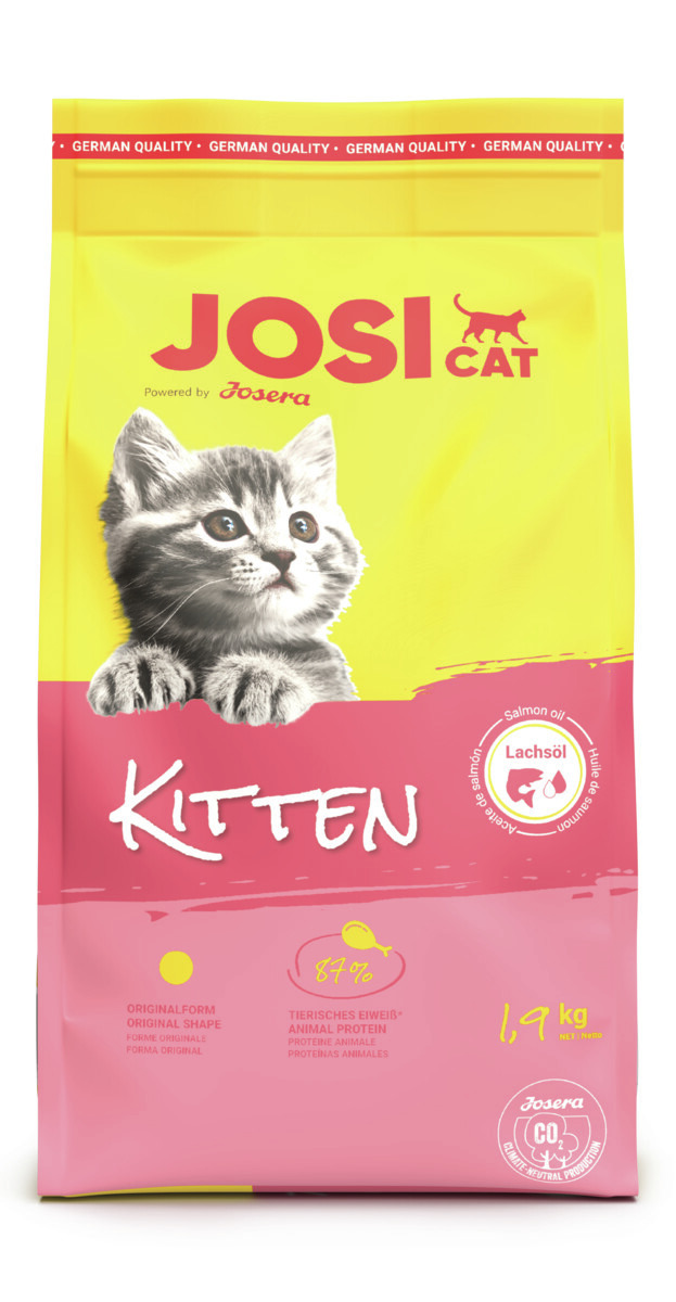 Josera JosiCat Kitten, Katzenfutter für junge Katzen, mit Lachsöl, 87 % tierisches Eiweiß, 1,9 kg, für gesunde Haut & glänzendes Fell.