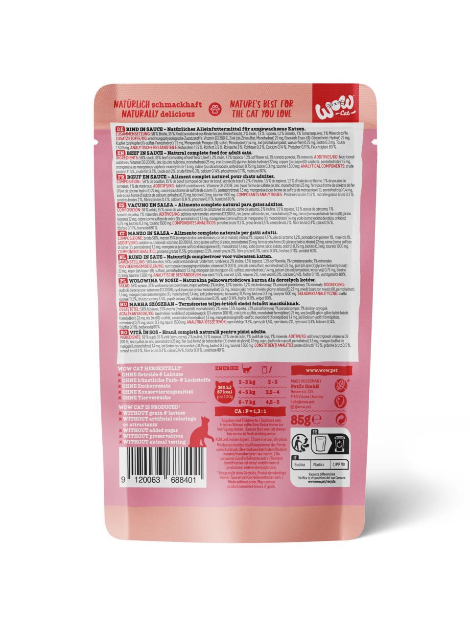 WOW CAT Rind in Sauce, für ausgew. Katzen, Geschm.: Rind, 85 g, ohne Getreide, künstl. Farbst., Zucker, Konserv., Tierversuche.