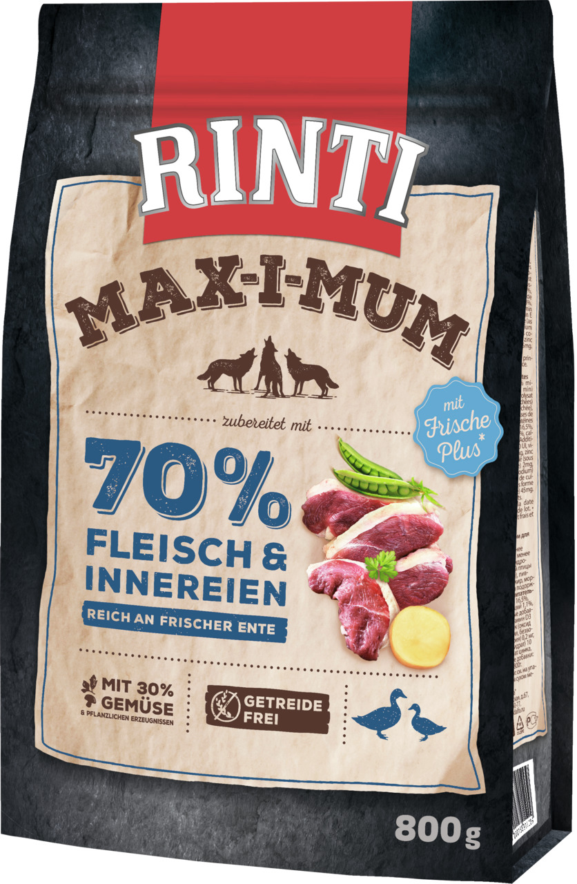 RINTI Max-i-mum Hundefutter, 800 g, 70 % Fleisch & Innereien, frische Ente, 30 % Gemüse, getreidefrei, hohe Frische & Qualität.
