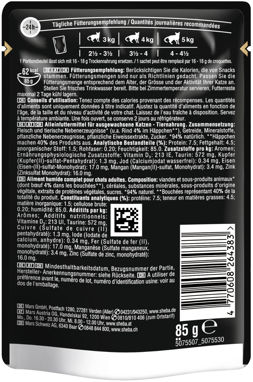 Sheba Selection in Sauce, Katzenfutter für ausgewachsene Katzen, Rind, 85 g, natürliche Rezeptur mit 94 % tierischen Zutaten.