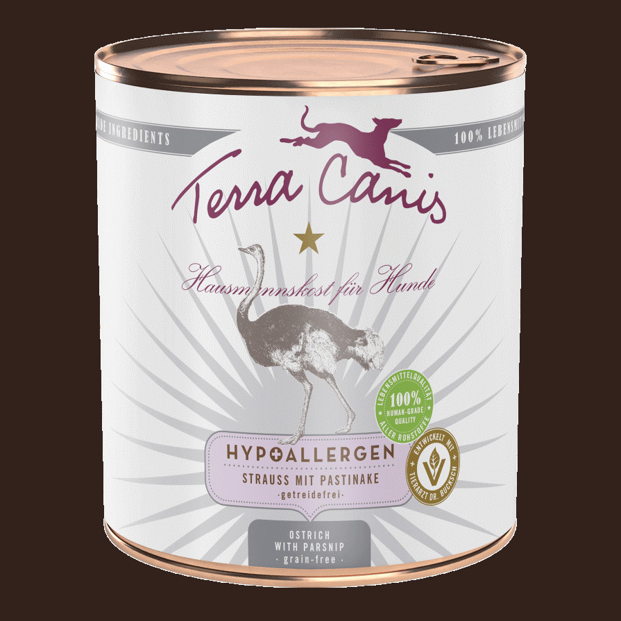 Terra Canis Hypoallergen Nassfutter f. Hunde, Strauss+Pastinake, getreidefrei, 100 % Lebensmittelqualität, 400 g.