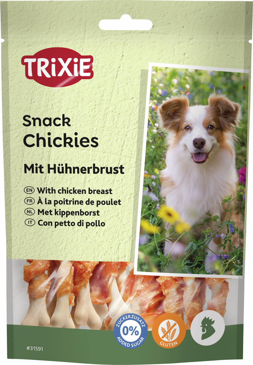 TRIXIE Snack Chickies, Hundesnack f. erw. Hunde, Hühnerbrust, 0 % Zuckerzusatz, glutenfrei, Verpackung zeigt Snacks & Hund.