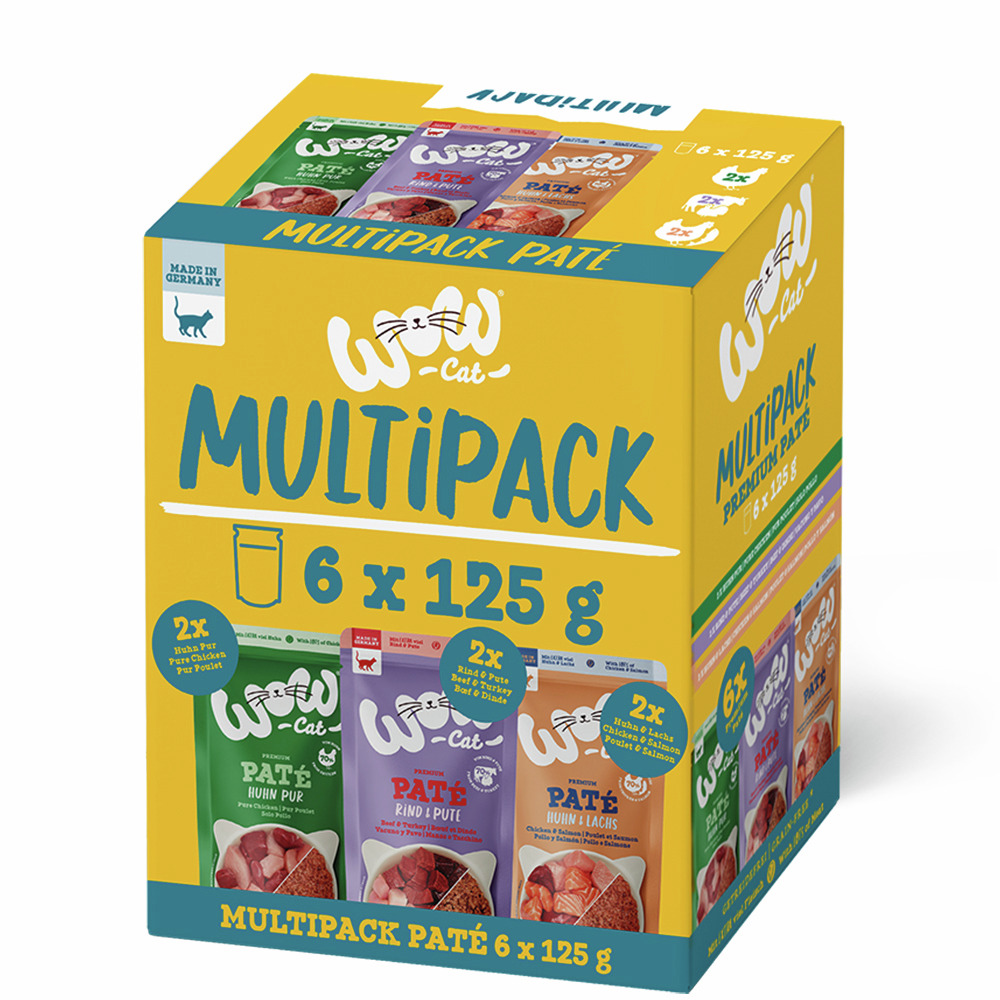 WOW CAT Multipack Paté, Katzen, Huhn Pur/Rind & Pute/Huhn & Lachs, 6x125g, 2 Beutel/Sorte, hergestellt in Deutschland.