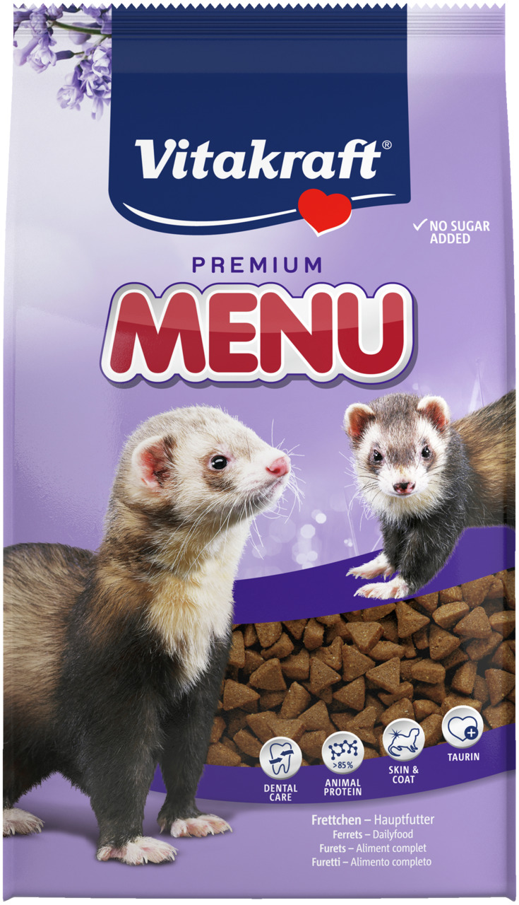 Das Bild zeigt eine Verpackung des Produkts „Vitakraft Premium Menu“ für Frettchen. Es handelt sich um ein Hauptfutter mit 85 % tierischem Protein, Taurin und Zusatzstoffen für Zahnpflege sowie Haut- und Fellgesundheit. Die Verpackung ist lila und zeigt z