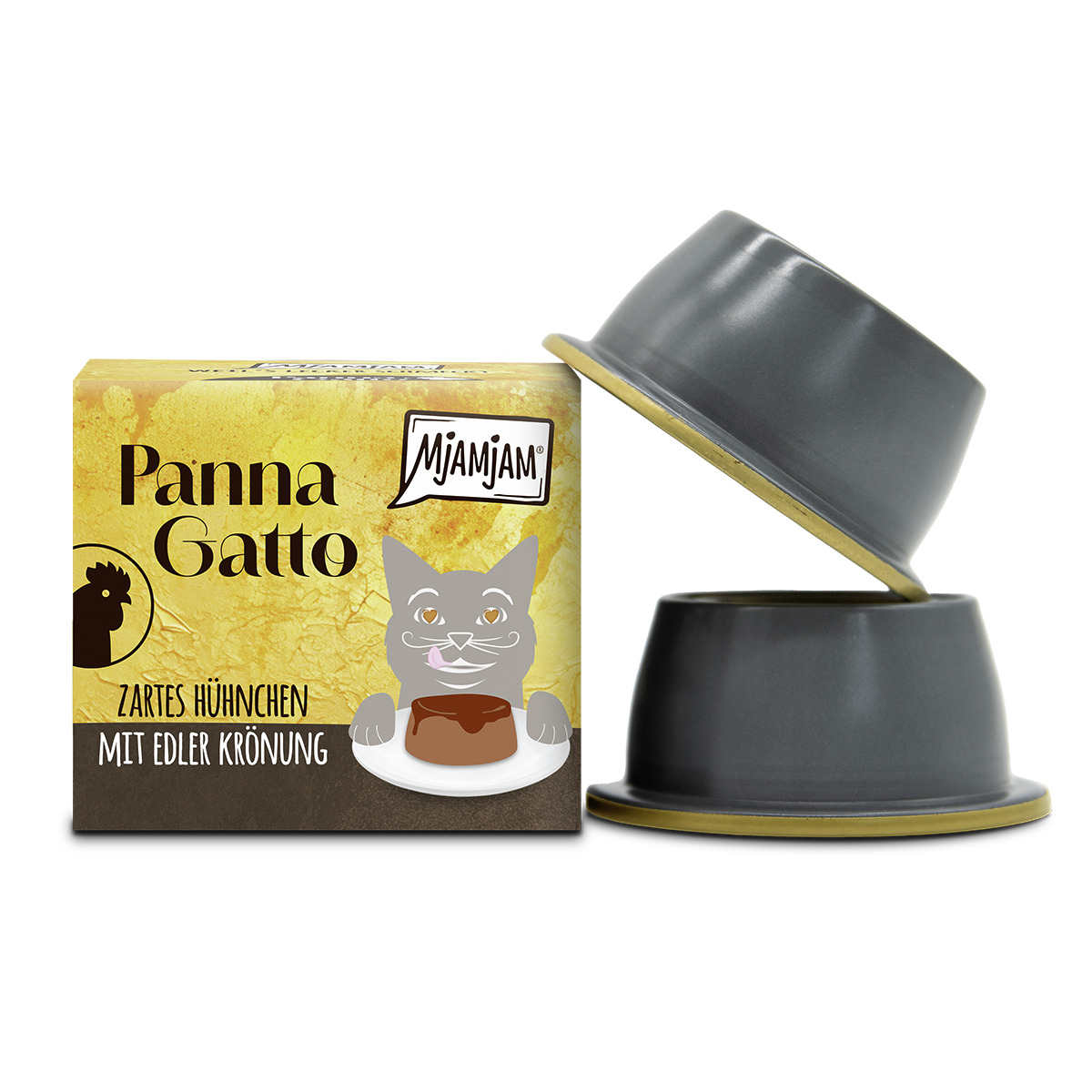 MJAMJAM Panna Gatto: Mahlzeit für Katzen, Geschmacksrichtung zartes Hühnchen & edle Krönung, 2 geöffnete Futterschalen sichtbar.