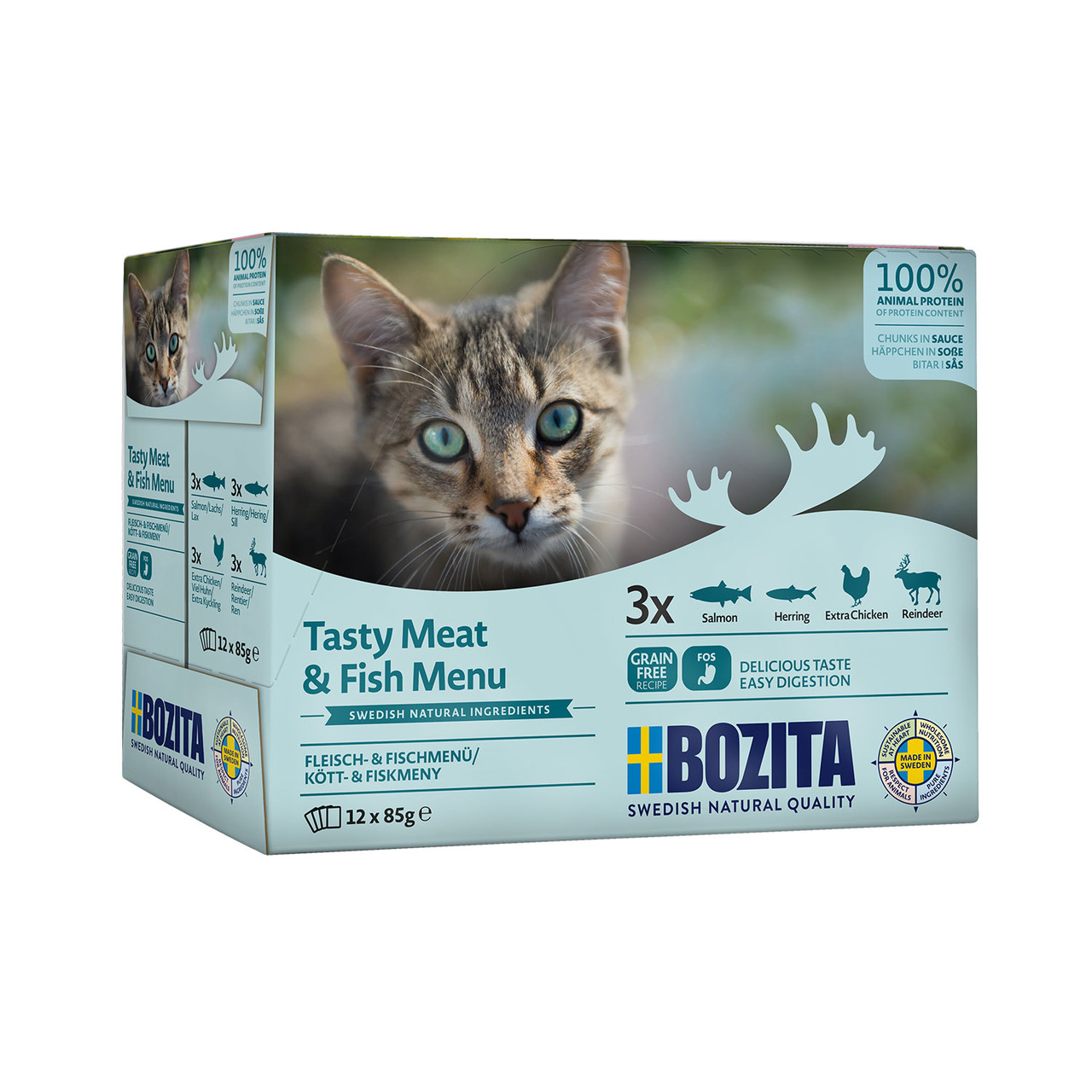 Bozita Tasty Meat & Fish Menu, Nassfutter f. Katzen, Lachs/Hering/Hühnchen/Rentier, getreidefrei, 12x85g, 100% tierisches Protein.