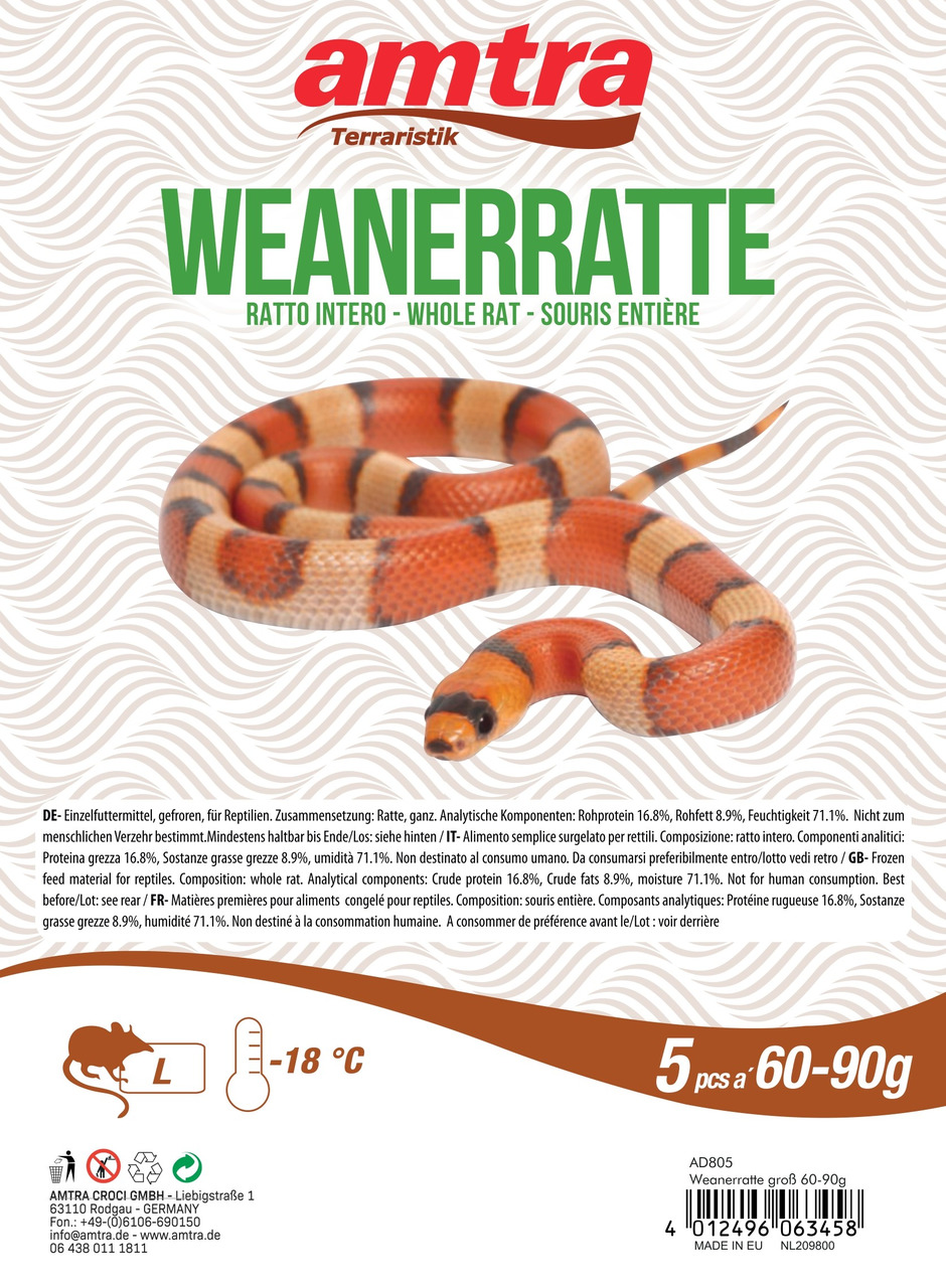 amtra Terraristik Weanerratte, Einzelfuttermittel für Reptilien, gefrorene Ratten, 5 Stk. à 60–90 g, hohe Qualität, natürliche Zusammensetzung.