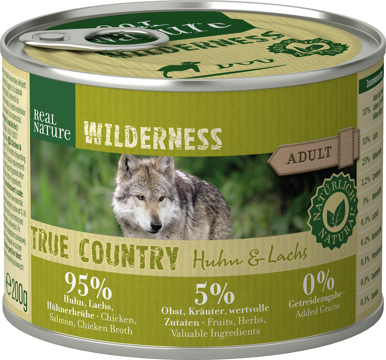 REAL NATURE WILDERNESS TRUE COUNTRY 200g Nassfutter für erwachsene Hunde, Huhn & Lachs, 95% Fleisch, 0% Getreide, grüne Dose.