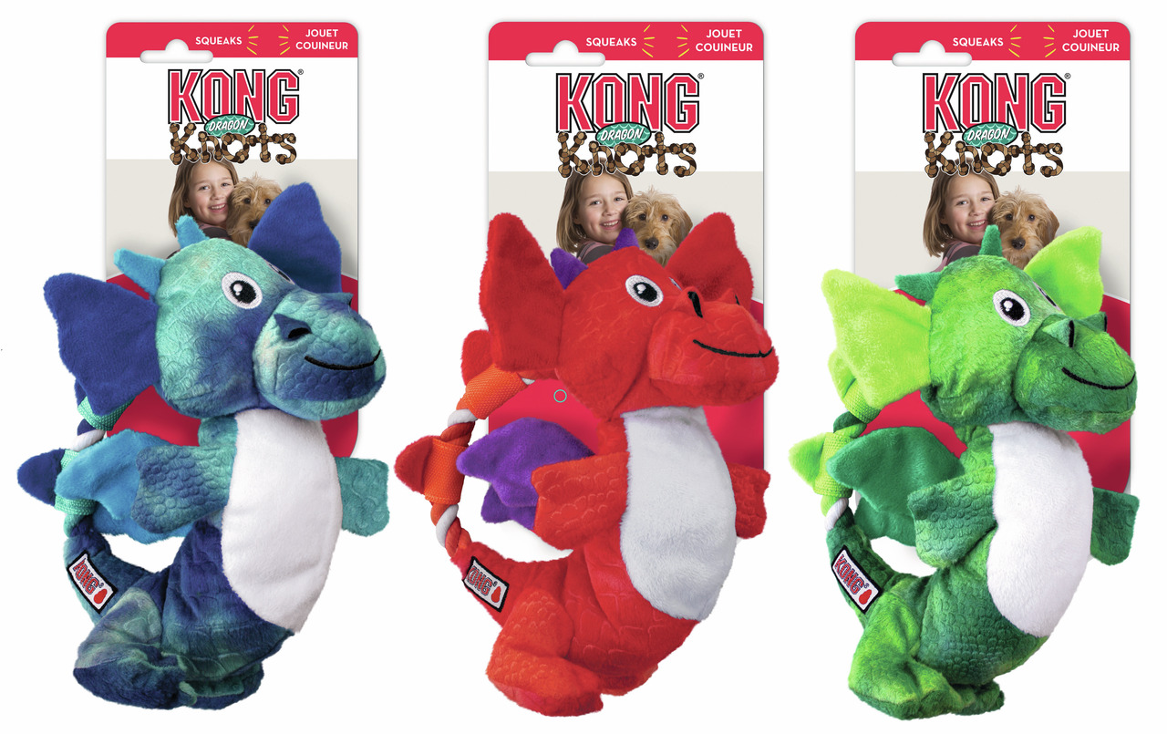KONG Knots Dragon Plüschspielzeug für Hunde, mit Seil & Quietscher, robust, fördert interaktives Spielen, in Blau, Rot & Grün.