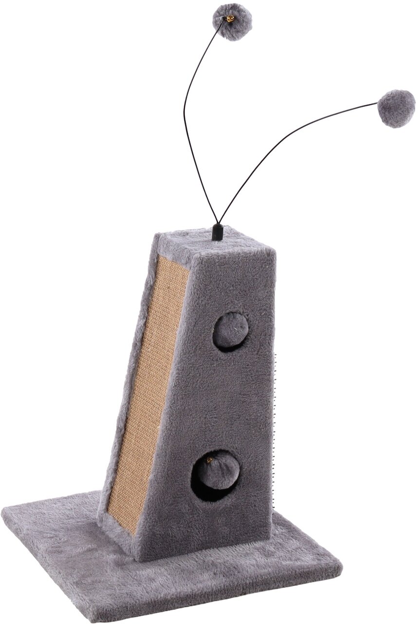 Kratzbaum Flamingo Cat Toy Pyramid, grau, für Katzen, mit Sisal-Kratzfläche, 2 Spielbällen, 2 Stäben mit Plüschbällen & Glöckchen.