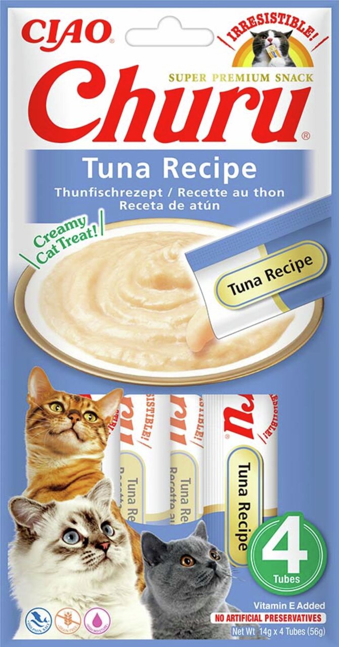 CIAO Churu Thunfischrezept, cremiger Snack für Katzen, 4 Tuben à 14 g, mit Vitamin E, ohne künstliche Konservierungsstoffe.