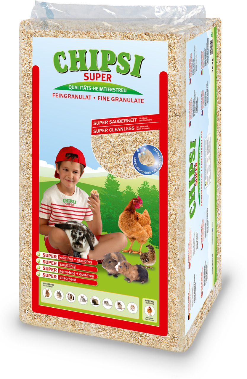CHIPSI Super Heimtierstreu Feingranulat, für Kleintiere (Kaninchen, Meerschweinchen, Hühner), keim-/staubfrei, saugfähig, 24 L.