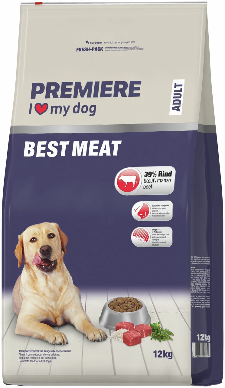 PREMIERE Best Meat Hundefutter Adult, Rind (39 %), 12 kg, mit Omega-3/-6, reduz. Stärke, Alleinfuttermittel.