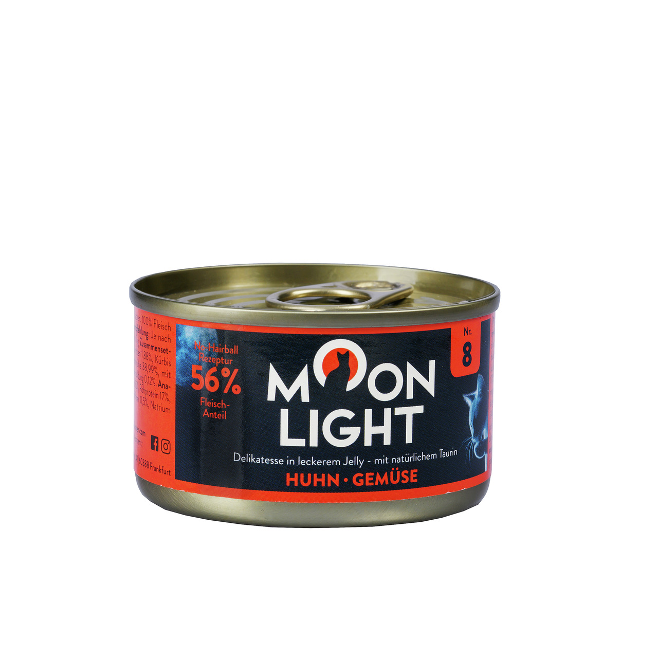 Das Bild zeigt eine Dose Katzenfutter der Marke Moonlight Dinner mit der Geschmacksrichtung Huhn und
