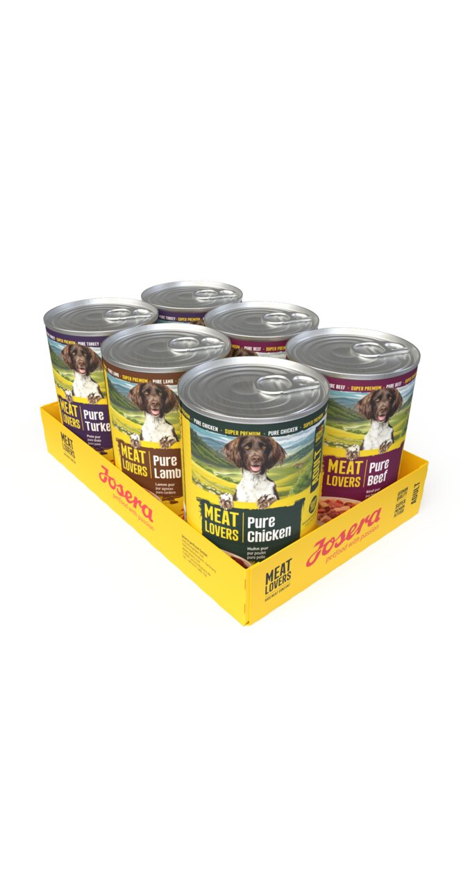 Sechserpack "Josera Meat Lovers" Nassfutter für Hunde, Sorten Huhn, Truthahn, Lamm, Rind, 6x400g, hochwertige Proteinquelle.