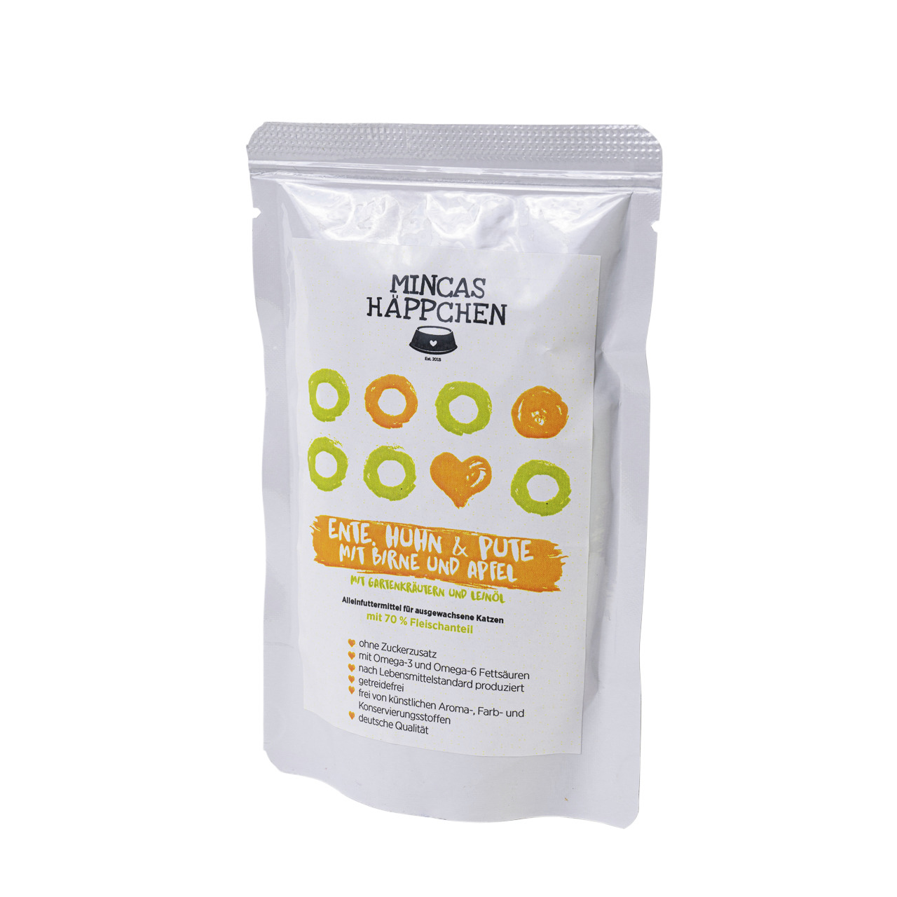 Mincas „MINCAS HÄPPCHEN“: Alleinfutter f. erw. Katzen, Ente-Huhn-Pute m. Birne+Apfel, 70 % Fleisch, 0 % Zucker-Getreide, 100 g.