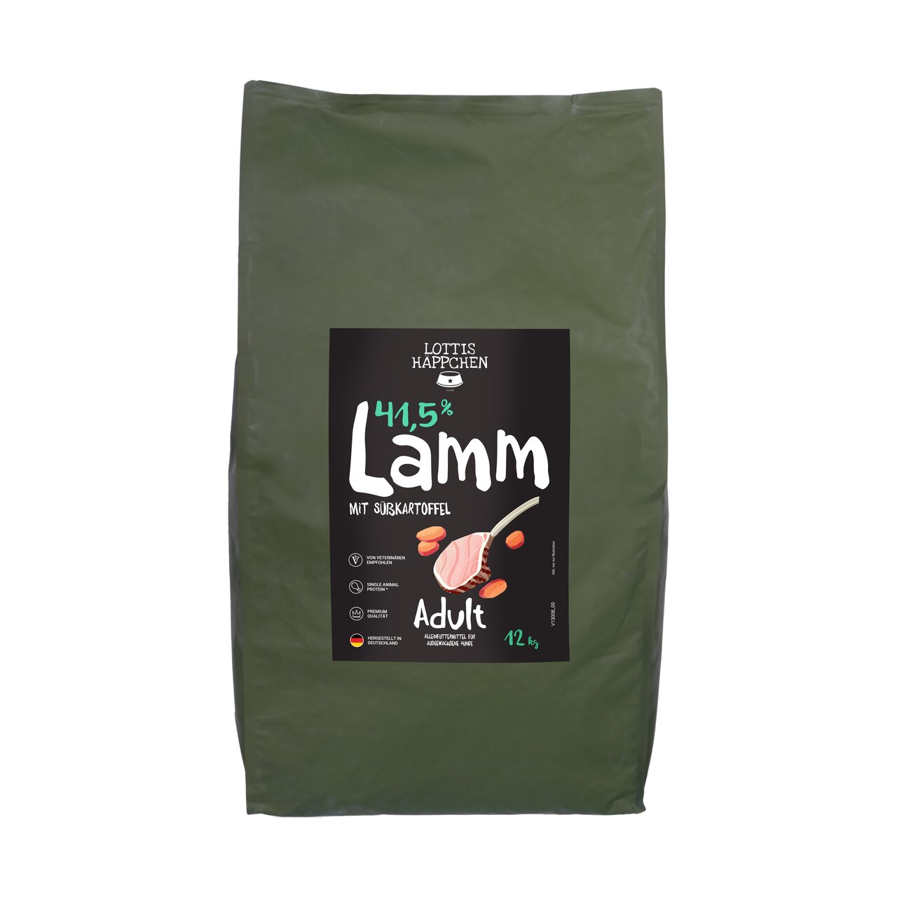 LOTTIS HÄPPCHEN Lamm mit Süßkartoffel, Alleinfutter für Hunde, Adult, 12 kg, mit 41,5 % Lammanteil, für ausgewogene Ernährung.